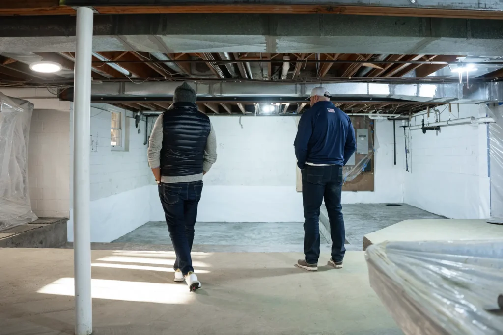 Two people, wearing casual jackets and hats, inspect an unfinished basement with exposed pipes and concrete floor. The room has a work-in-progress feel.
